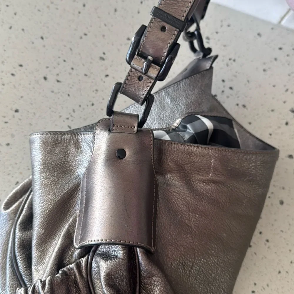 Burberry Warrior Metallic Pewter Leather Satchel Shoulder Handbag Hobo Ruched